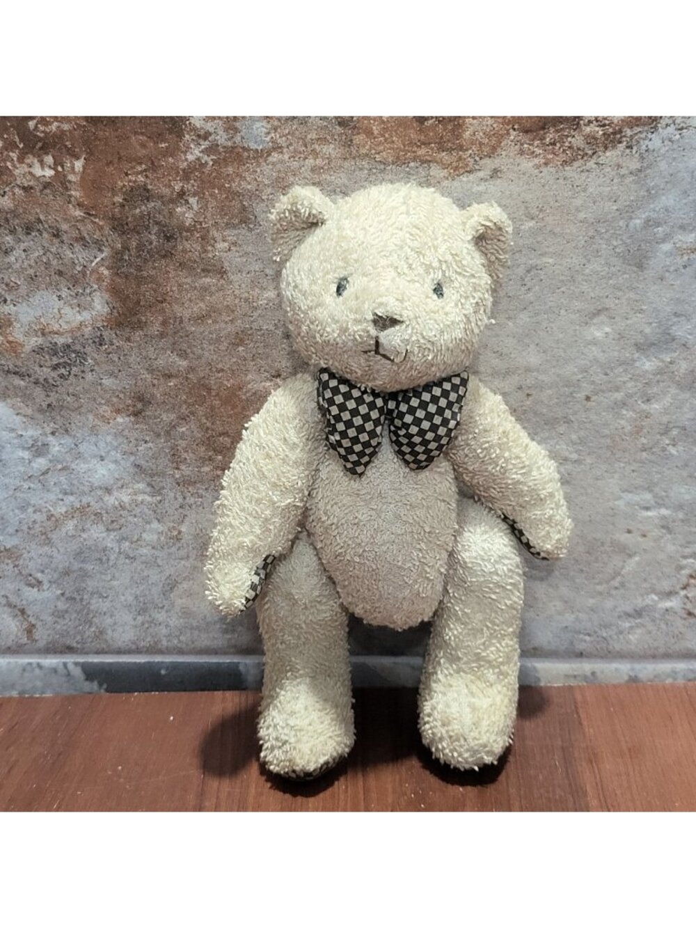 Vintage Tan Brown Teddy Bear Fully Jointed  Checkered Bow 9"